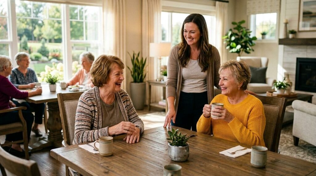 Smiling senior adult reviewing assisted living cost documents with a caregiver in a warm, welcoming community setting.