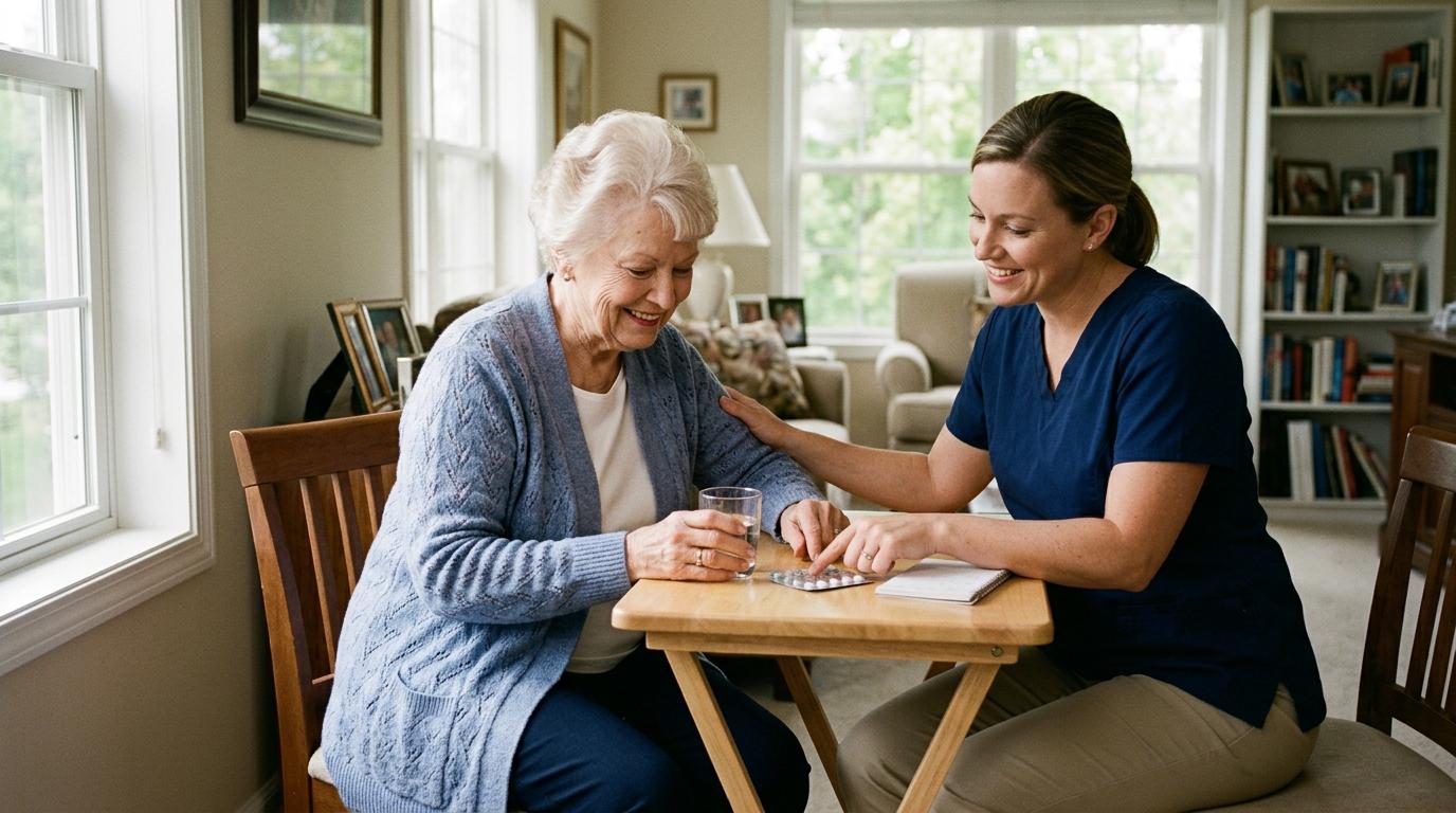 Caregiver gently assisting an older adult with daily routine in a warm, home-like assisted living setting in Lake Elmo.