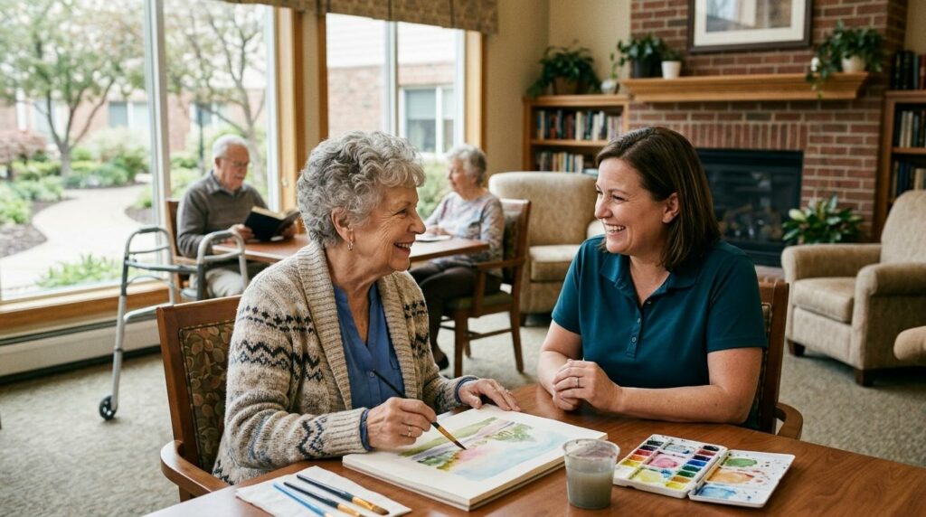 Older woman and caregiver sharing a watercolor painting activity at a table in a cozy common room with others in the background.