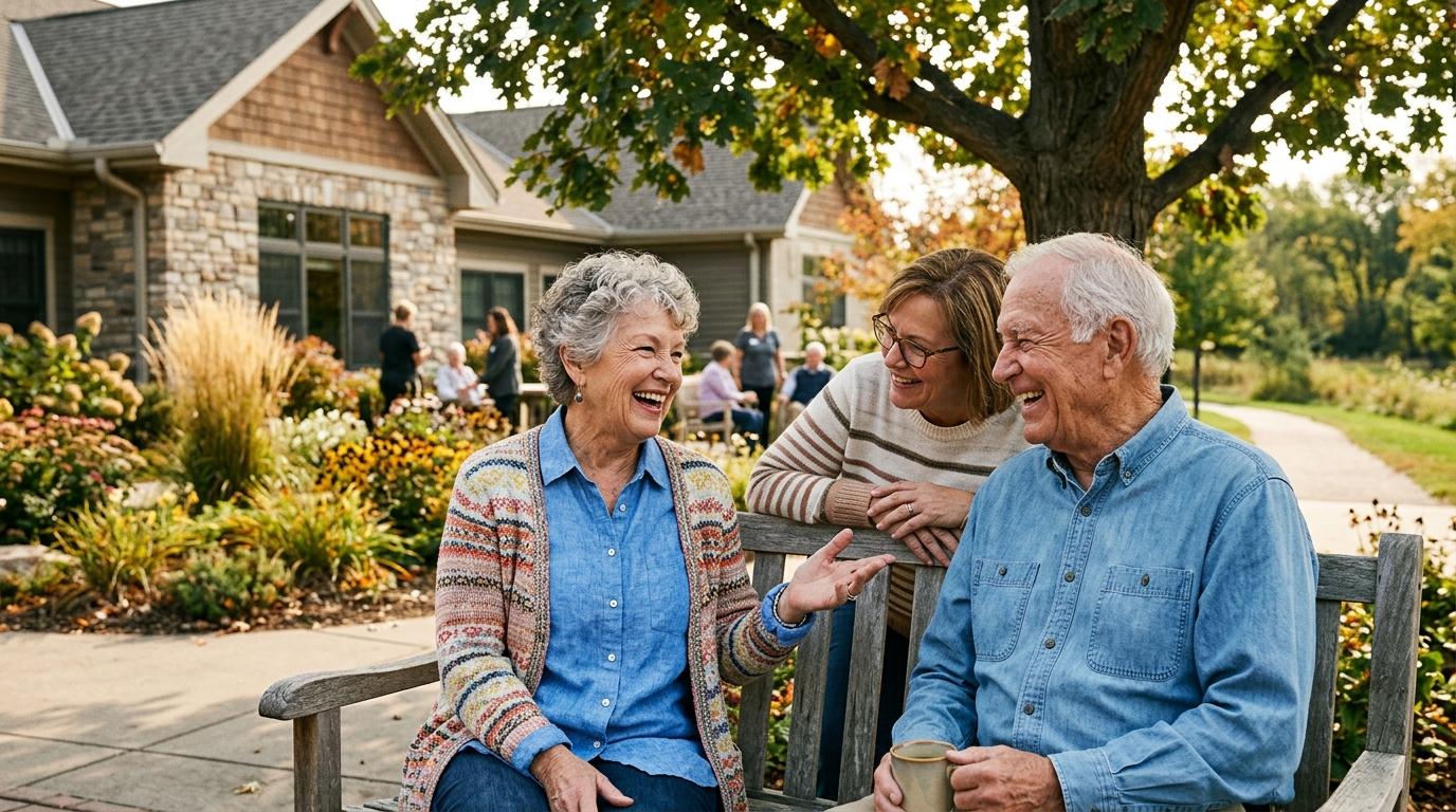Smiling older adults sharing a meal together at a senior living community, enjoying connection and companionship.