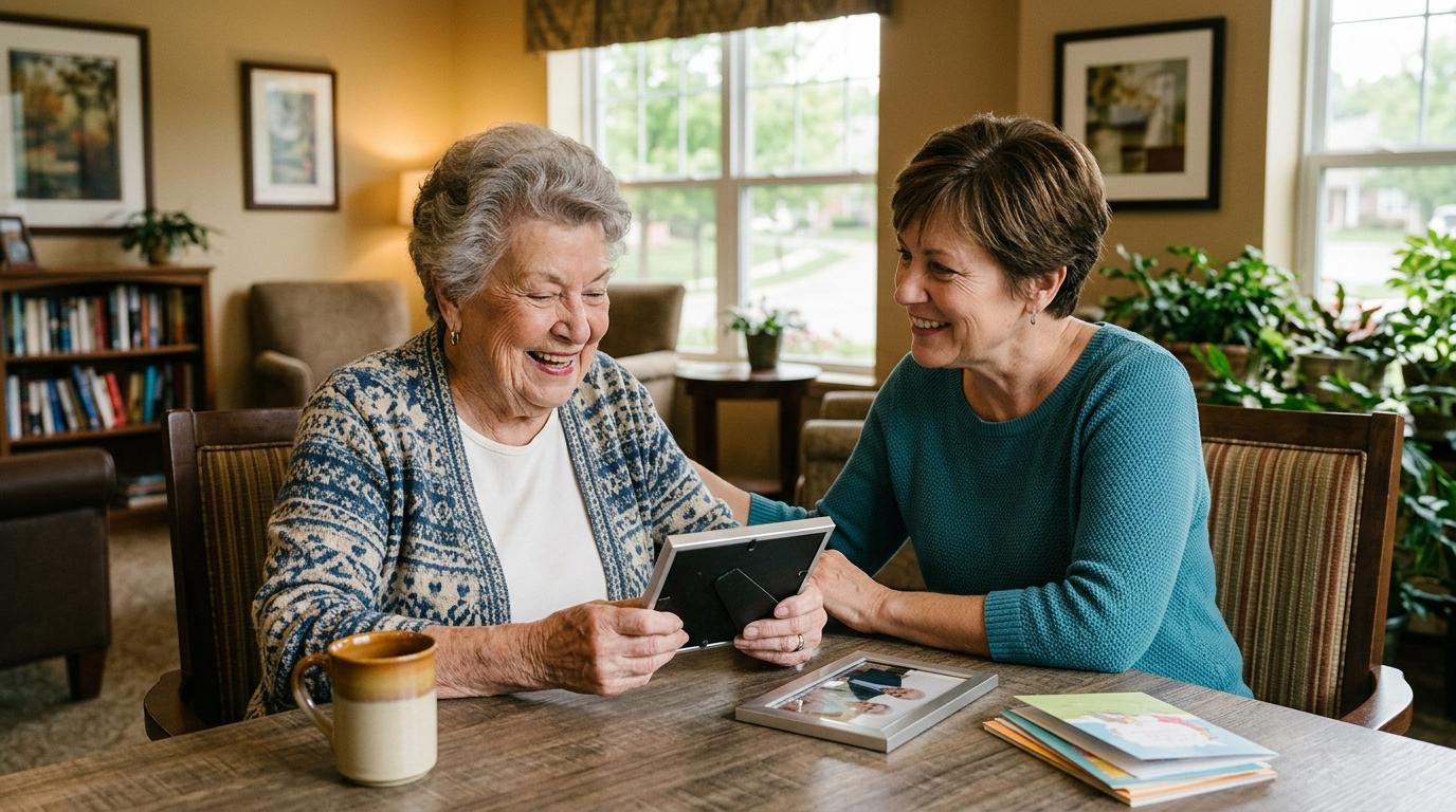 Smiling senior adult receiving personalized one-on-one care in a warm, welcoming assisted living community in Lake Elmo, MN.