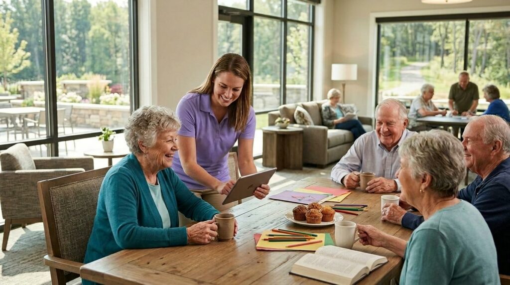 Staff member in a purple polo shows a tablet to smiling seniors at a wooden table with coffee mugs and muffins in a bright common room outdoorsy setting.