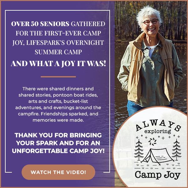 Promo graphic for Camp Joy’s overnight summer camp for seniors; left panel with purple text, right shows a smiling older woman outdoors beside a Camp Joy badge near the water.