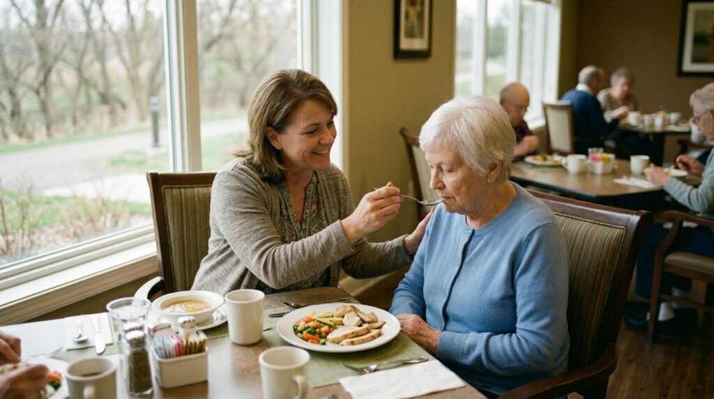 Caregiver feeds an elderly woman at a dining table in a senior living facility.
