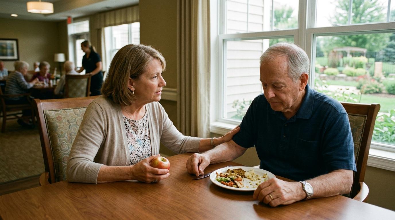 An older adult sitting at a dining table with a mostly untouched meal.